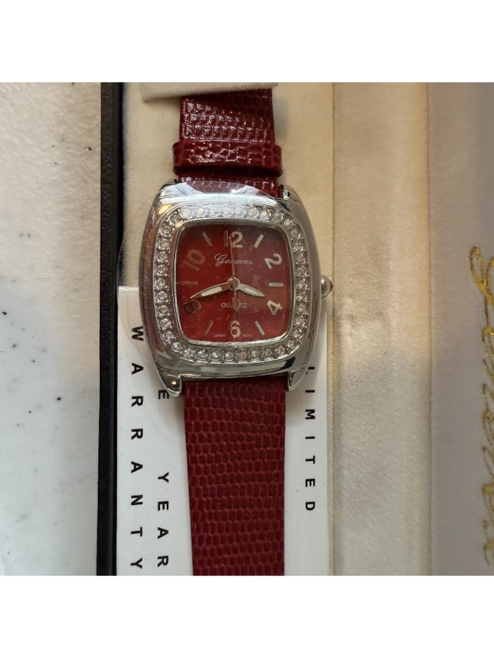 Vintage Women's Genevex Pink Dial Leather Band Watch Silver Rhinestone Case NOS